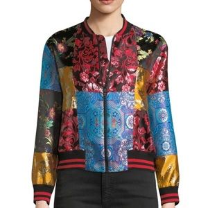 Alice and Olivia silk patchwork bomber jacket.